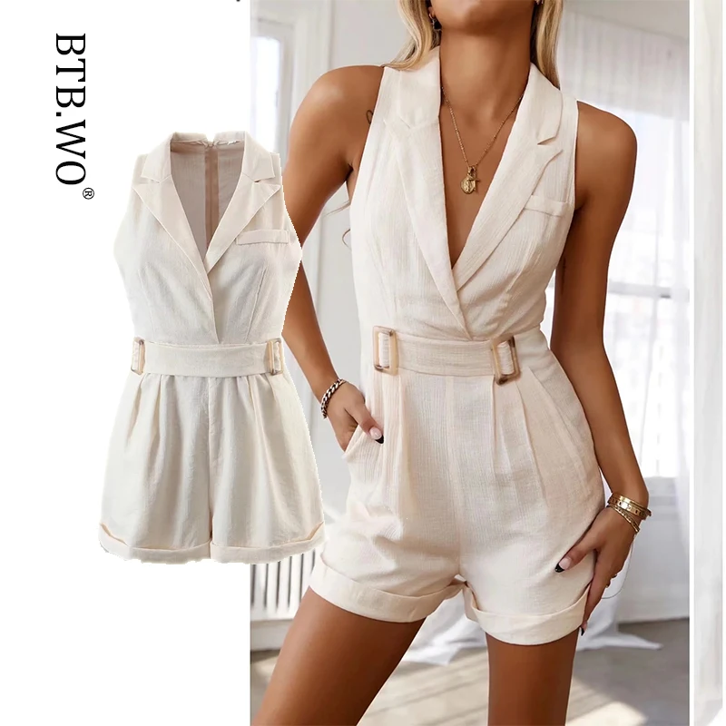 

BTB.WO Short Jumpsuit Women Summer Fashion Sleeveless Playsuit Za With Belt Elegant Woman Jumpsuits Vintage Romper