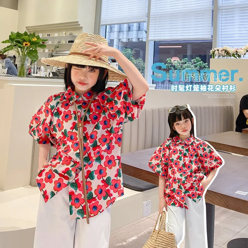 

Рубашки с цветочным принтом для девочек 10-12 лет, летняя Корейская одежда для девочек, милые элегантные топы для подростков