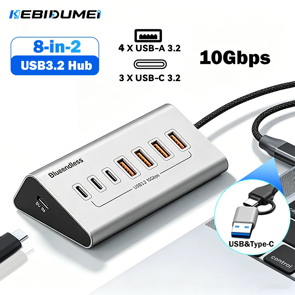 Фото KEBIDUMEI USB-хаб 10 Гбит/с USB 3.2, 8-в-2, Type-C на 4xUSB3.2+3xTYPE C 3.2, док-станция, разветвитель Type-C из алюминиевого сплава для ПК и ноутбуков №1