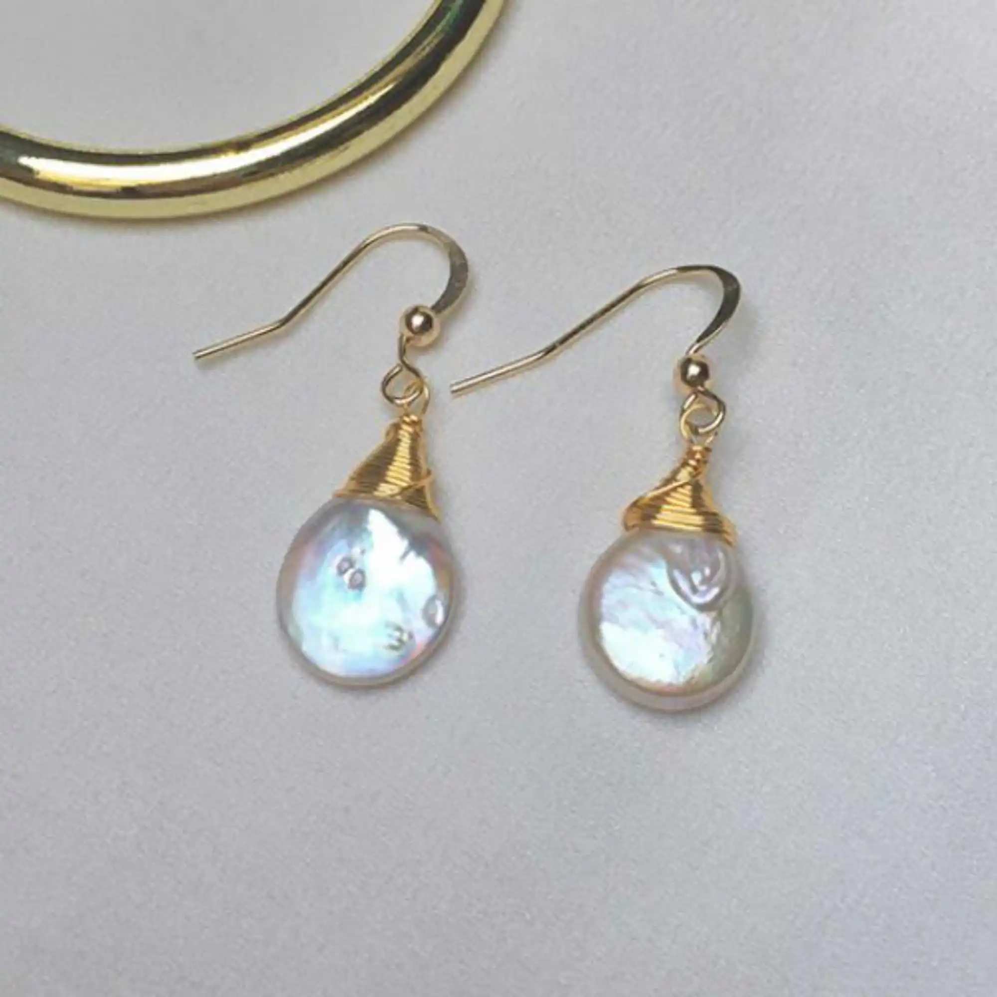 

13-14mm white coinBaroque Cultured Akoya Pearl Earrings Mother's Day FOOL'S DAY Ear stud Women Wedding Gift Easter Cultured