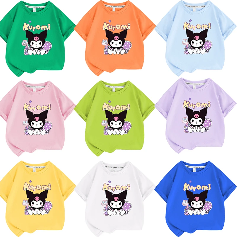 

Kawaii Sanrio Kuromi Children's T-shirt Girls Summer Cotton Cartoon Short-sleeved New T-shirt Loose Half-sleeve Round Neck Tops
