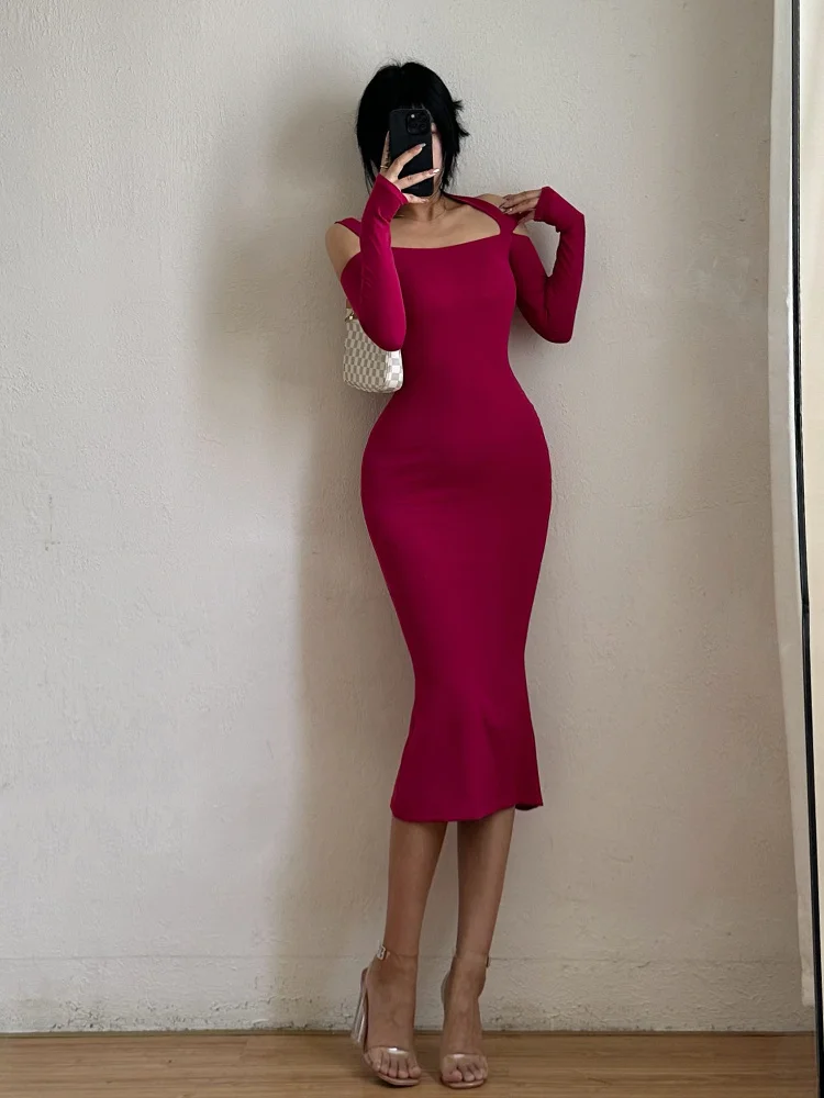 

Женское облегающее платье с длинным рукавом, розовое хлопковое длинное платье с открытыми плечами и длинным рукавом, обтягивающее платье-годе, 4HDH,