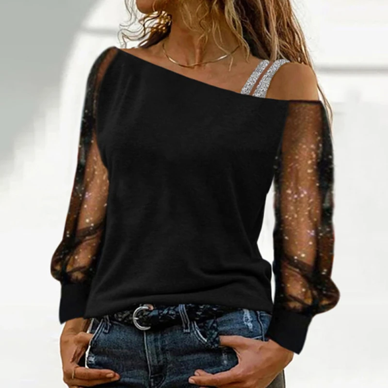 

Ladies Off Shoulder t-shirt Sexy Mesh See Through Perspective Lantern Long Sleeve Tops Summer Women Casual Solid T-Shirt