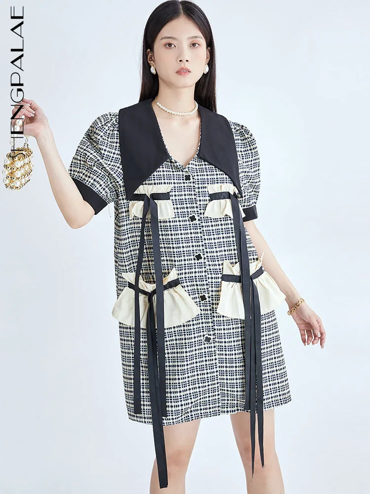 

SHENGPALAE Vintage Flounced Edge Pocket Ribbon Design Plaid Turn-down Collar Bubble Sleeve Suit Dresses 2022 Summer New 5Q54