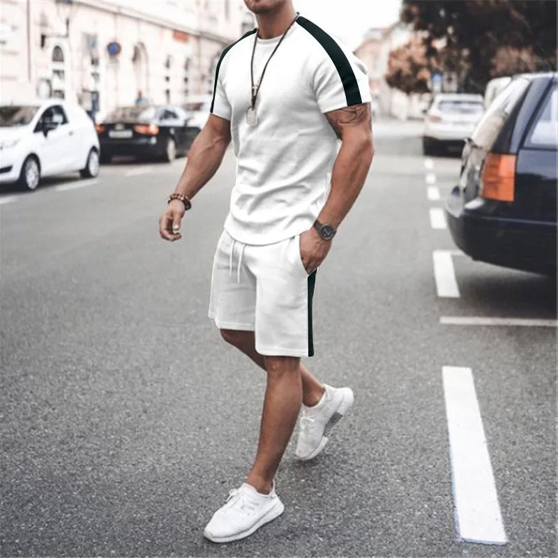 Men's t-shirts New Leisure Suit Youth Trendy Fashion Colorblock round Neck T-shirt and Shorts Two-Piece Suit for Men