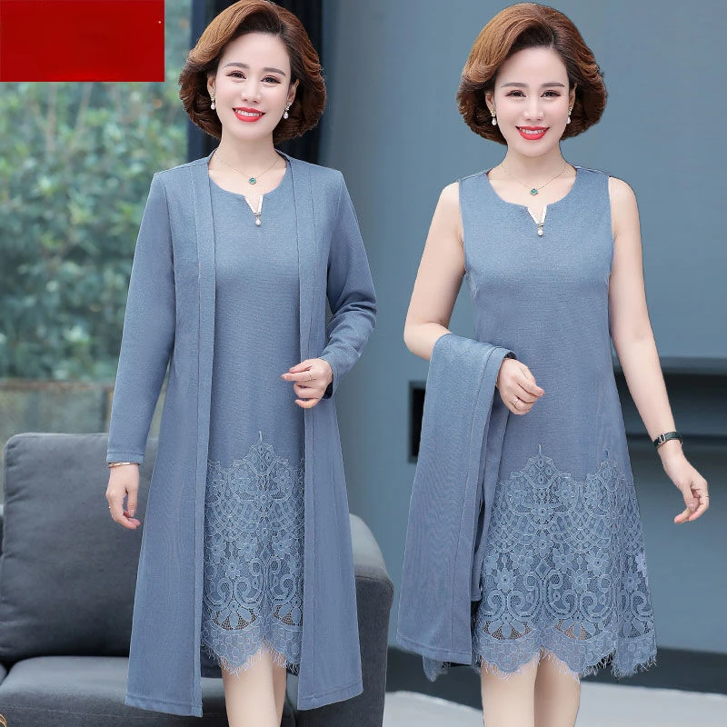 

2022 Spring Autumn 2 Piece Set Dress Cardigan Women 5XL Party Midi Dresses Elegant Robe Middle-age Female Vestides Suit E192