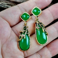 vintage boho round dark green stone water drop earrings for women jewelry gold color cubic zircon circle bride wedding earrings