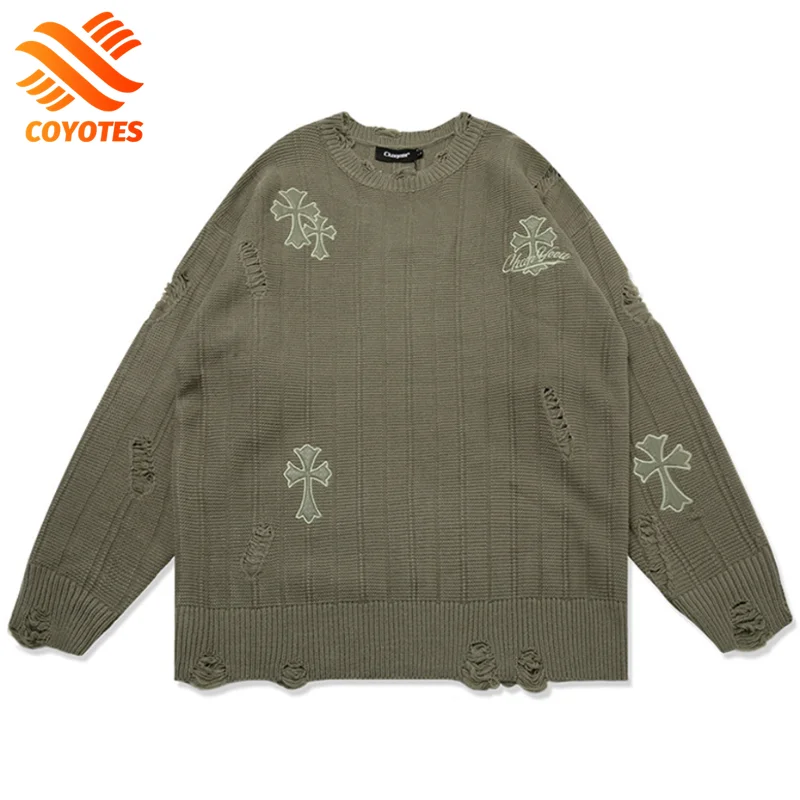 

COYOTES Ripped Knitted Sweater Punk Cross Embroidery Oversized Streetwear Men Hip Hop Pullover Y2K Casual Loose Jumper Unisex