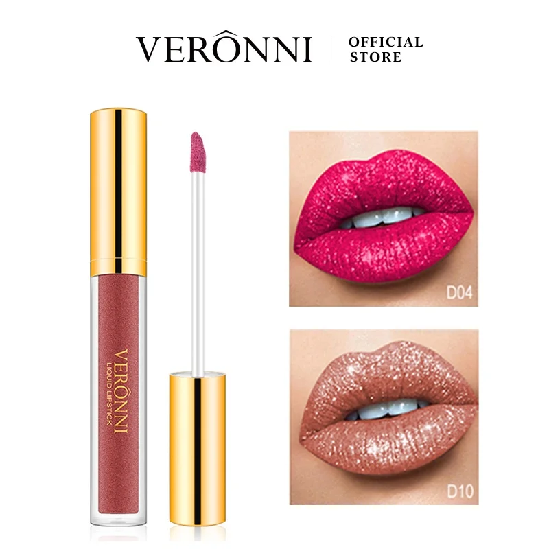 

10Colors VERONNI Sexy Glitter Diamond Lip Gloss Shimmer Long Lasting Lip Makeup Waterproof Metallic Pearl Color Velvet Lip Gloss