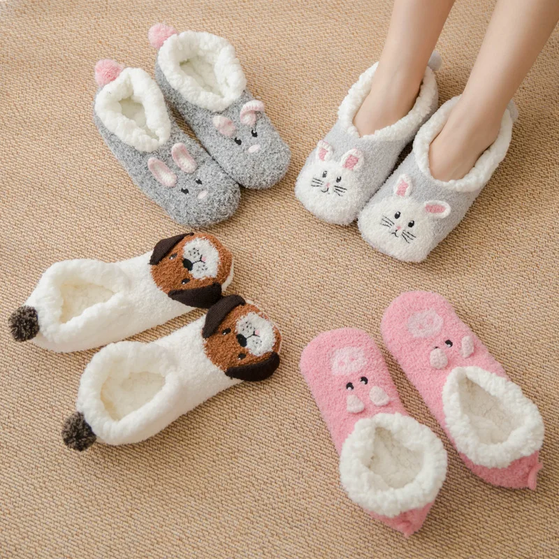 Floor Boat Socks for Women Winter Warm Cotton Plush Breathable Non-Slip Home Socks Thicken Cute Cartoon Short Socks Slippers