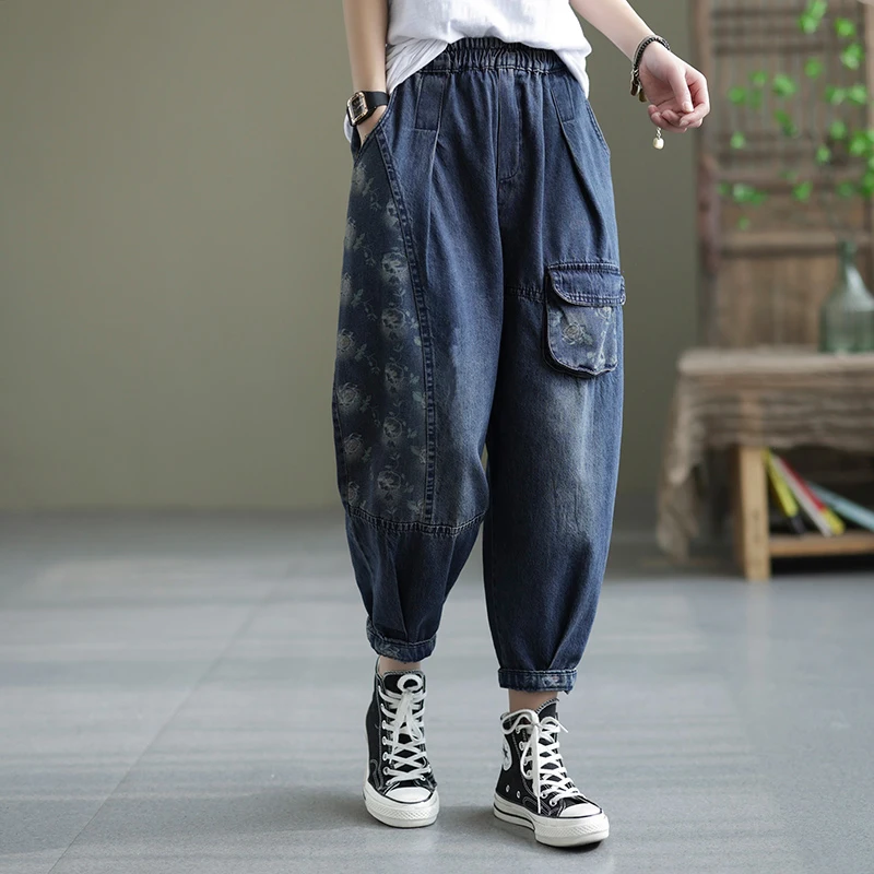 

2022 Spring Autumn New Arts Style Women Elastic Waist Cotton Denim Harem Pants Patchwork Print Vintage Loose Jeans C517