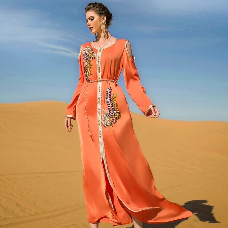 Kaftan Handsewn Diamond Arabic Long Dresses Evening Moroccan Caftan Women Belted Muslim Dubai Saudi Abaya Ramadan Party Gown