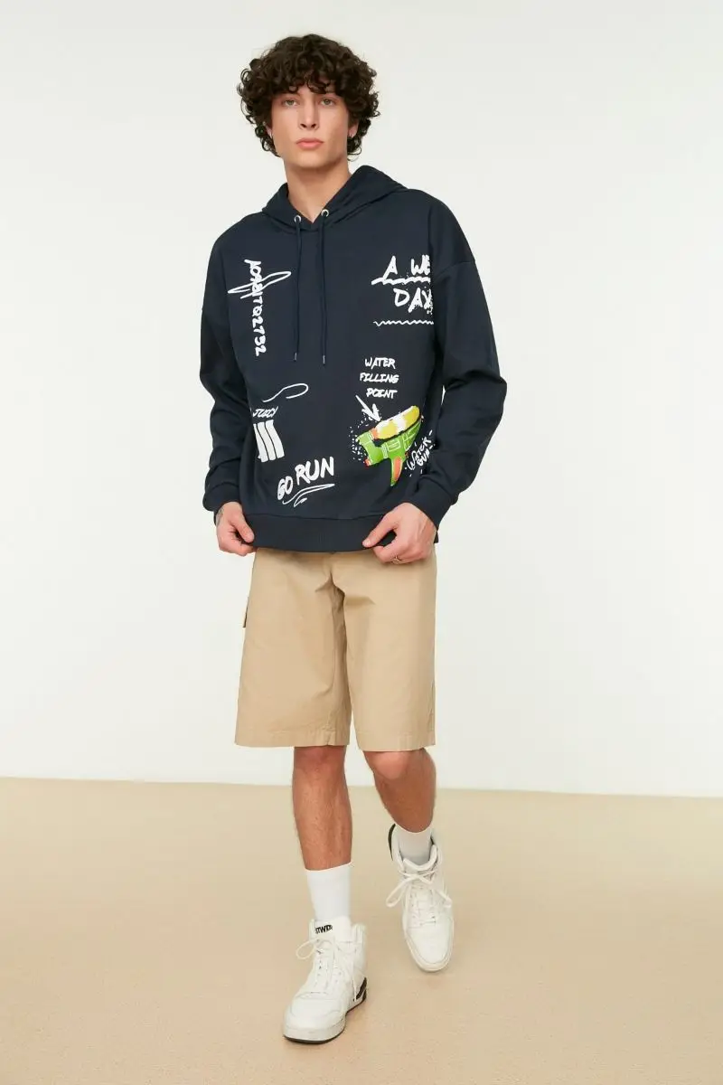 

Navy blue men's Oversize hooded long sleeve printed Sweatshirt TMNAW22SW0956