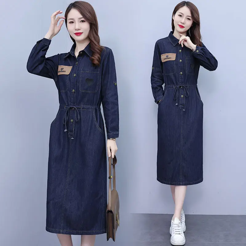 Женское джинсовое платье средней длины Элегантное однобортное с отложным