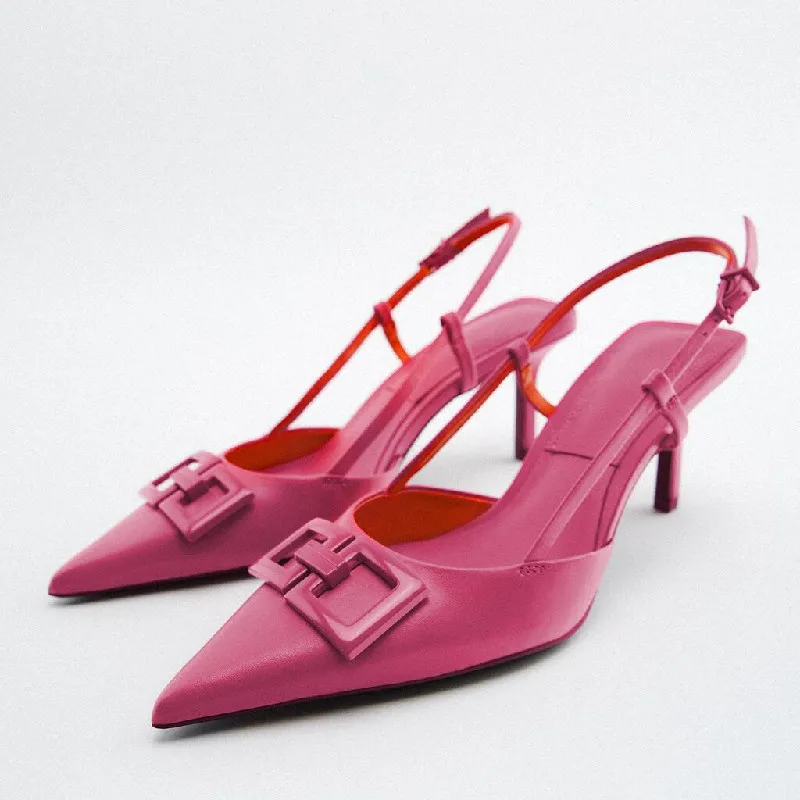 

2022 Spring New Women's Rose Red Shoes Buckle High-heeled Muller Commuting Fashion Single Shoes
