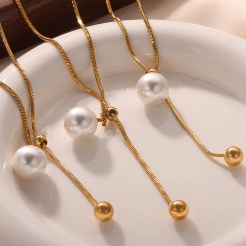 Ожерелье с жемчужным кулоном из нержавеющей стали для женщин позолоченная