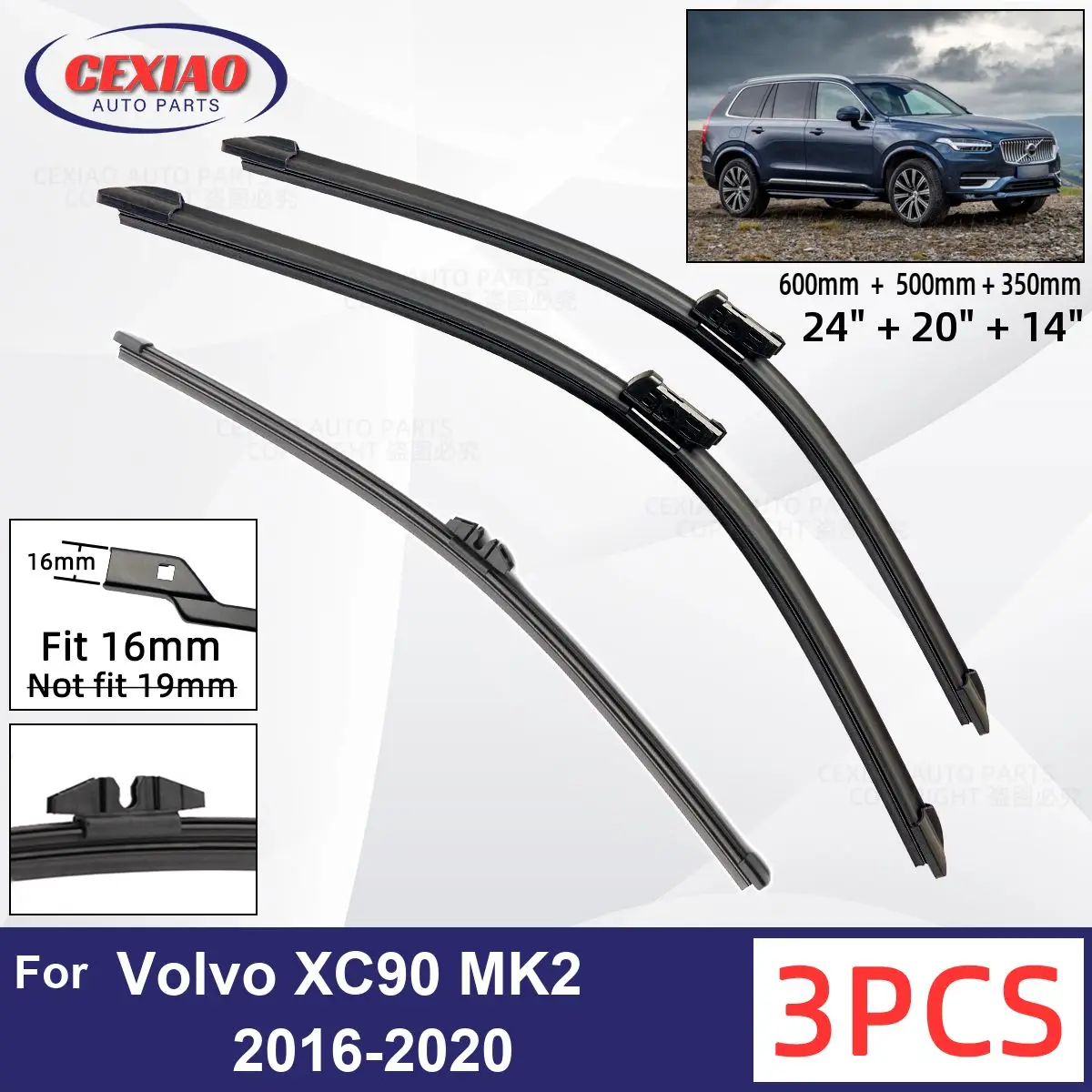 

For Volvo XC90 MK2 2016-2020 Car Front Rear Wiper Blades Soft Rubber Windscreen Wipers Auto Windshield 24"20"14" 2017 2018 2019