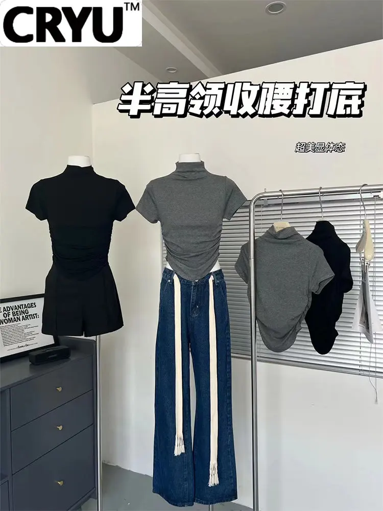 

Women Turtleneck Tunic Bottoming Design Tops Irregular Pleated Short Sleeve Tee Female Solid Color Harajuku Vintage Streetwear