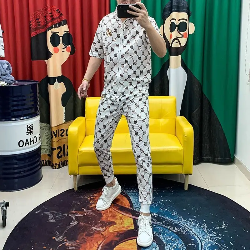 Men's Ice Silk Casual Print Suit Summer New Fashion Trend Zipper Stand-Up Collar Cardigan Top Trousers Two-Piece Set