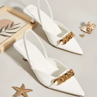 2022 fashion women 4cm white high heels chain slippers lady elegant slingback mules low heel luxury slides wedding shoes