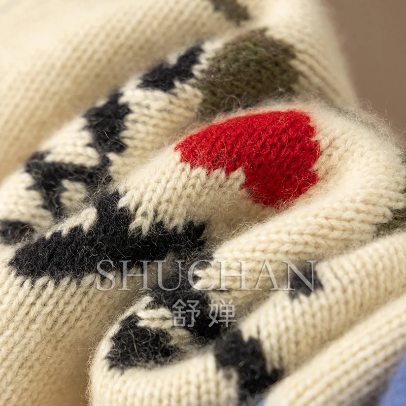 Жаккардовый 100% кашемировый свитер с круглым вырезом и длинными рукавами женский