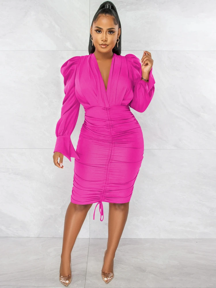 Fashion casual solid color long sleeve pleated V-neck dress female plus size women clothing dress