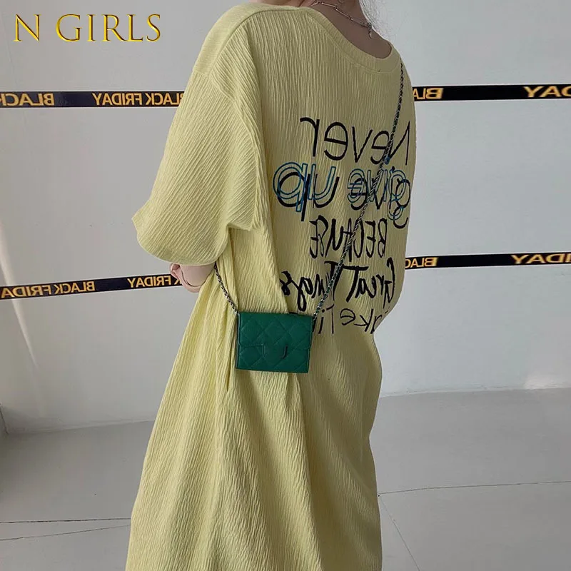 

N GIRLS Robe Femme Korean Fashion Round Neck Hollow Out Loose Lazy Dresses for Women Letter Print Contrast Color Vestidos
