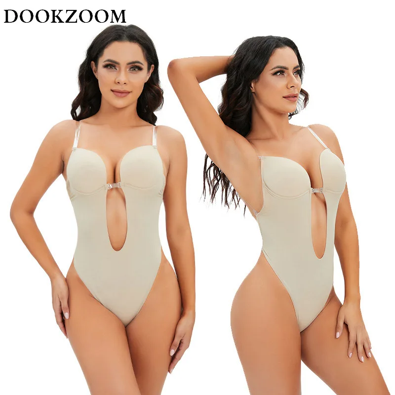 

Bodysuit Shapewear Deep V-Neck Body Shaper Backless U Plunge Thong Shaping Women Clear Strap Padded Push Up Sexy Corset Control