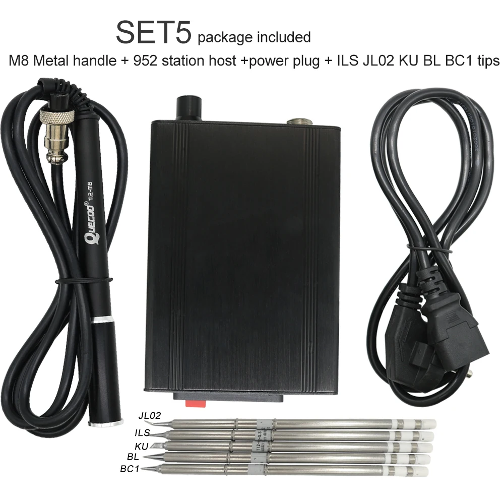 

Паяльная станция QUICKO T12-952 с черной металлической ручкой M8 и различными типами паяльных жал