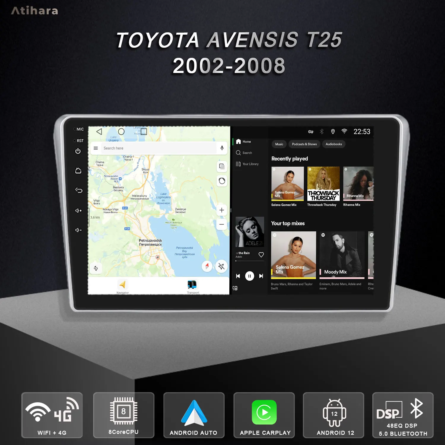 Atihara 9-дюймовый автомобильный мультимедийный плеер для Toyota Avensis T25 2002-2008 GPS Android
