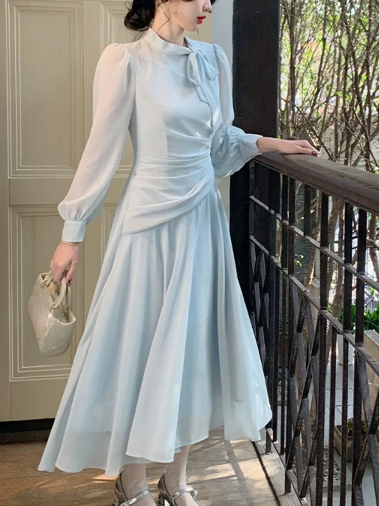 

Цельнокроеное платье T Fairy, корейская мода, весеннее элегантное платье миди с длинным рукавом, женское повседневное однотонное равномерное платье, офисное женское платье