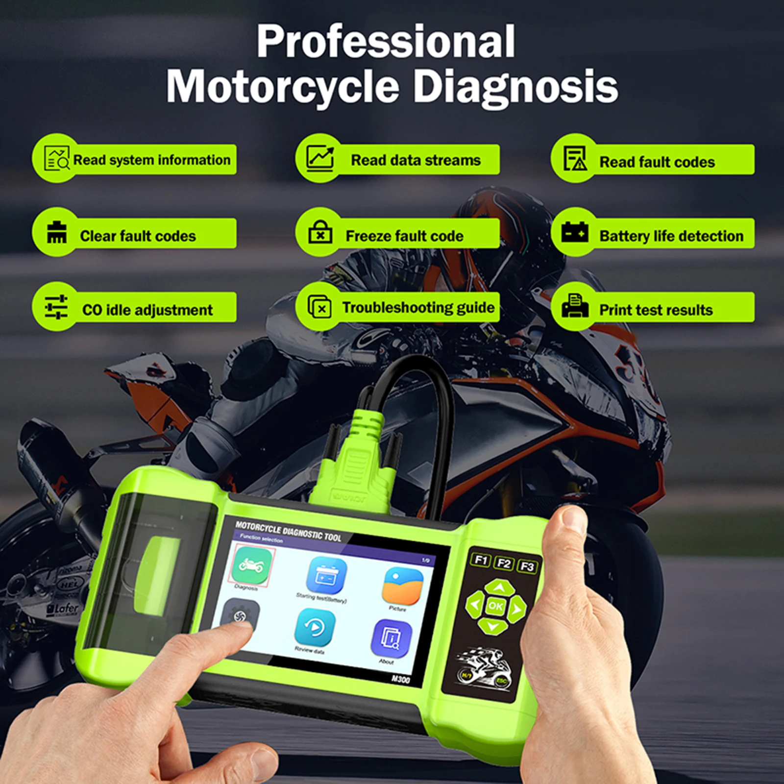 

Moto Diagnose Tools M300 Motorcycle Diagnostic Scanner OBD2 Clear Fault Code Reader For BMW Harley Ducati Kawasaki KTM