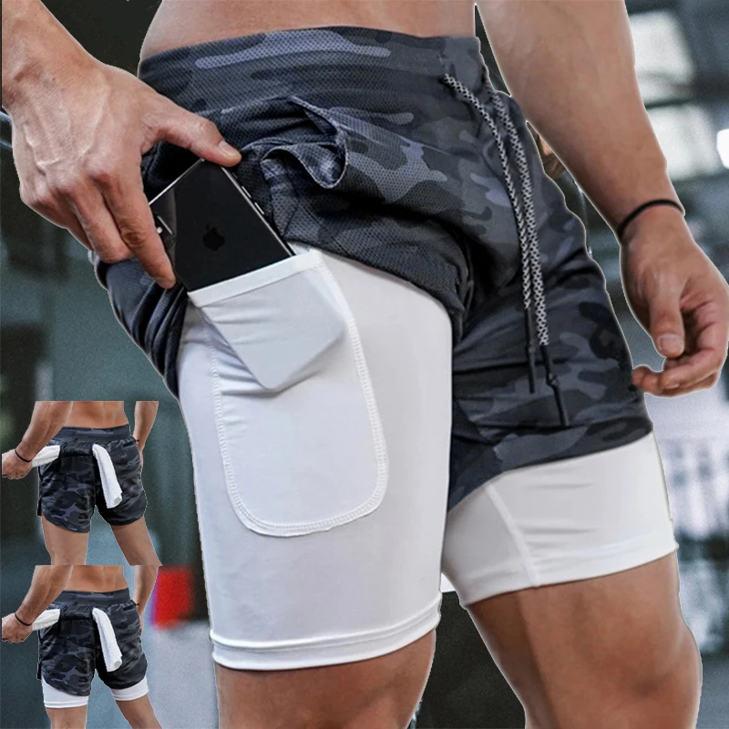 

Мужские шорты 2 в 1, быстросохнущие спортивные, эластичные, для тренировок, фитнеса, тренажерного зала