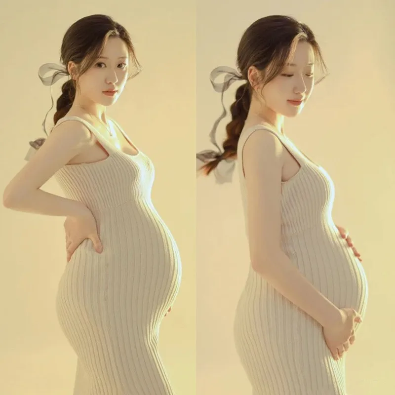 Maternity Knitted Dress For Pregnant Women Spaghetti Stretchy Maternity Photography Dresses For Pregnancy Clothes Photo Shoot