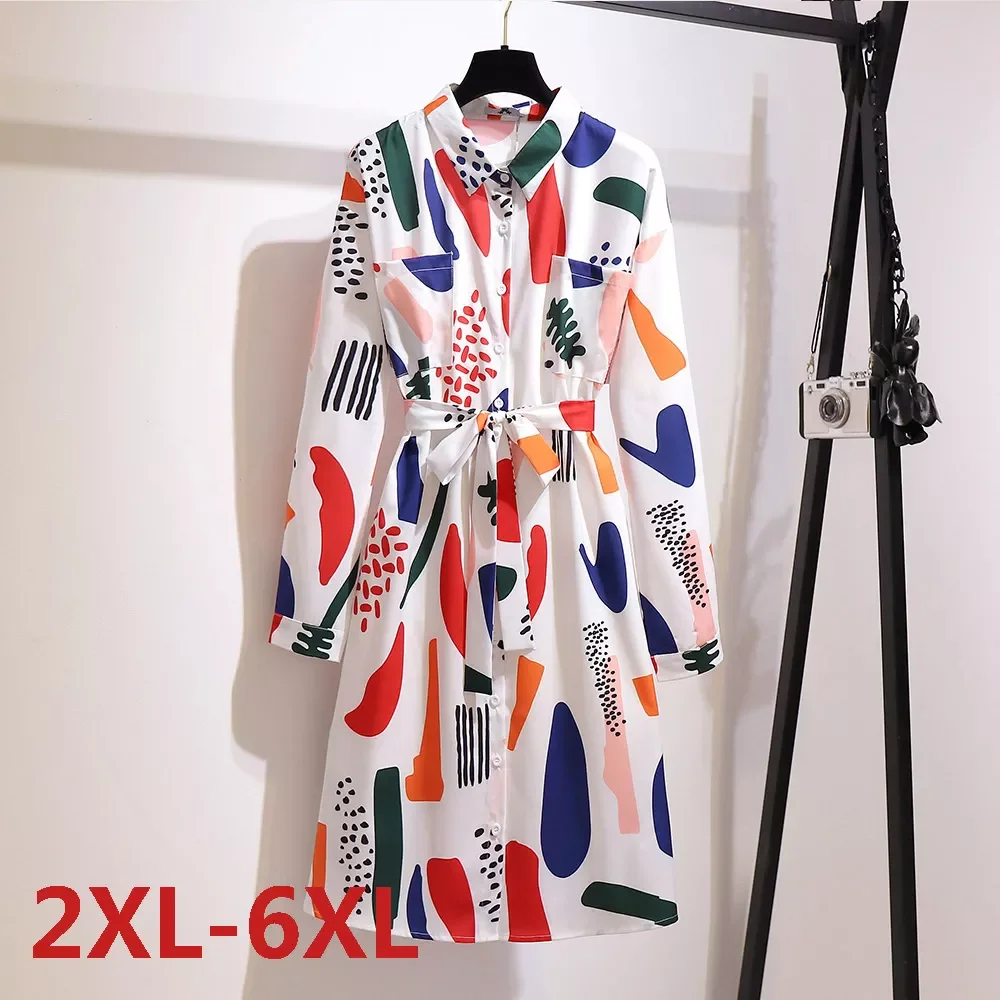 

Spring 6XL Long Sleeve Dress For Fat MM Woman Loose Print Belt With Pocket Plus Size Female Clothing Chiffon Dress