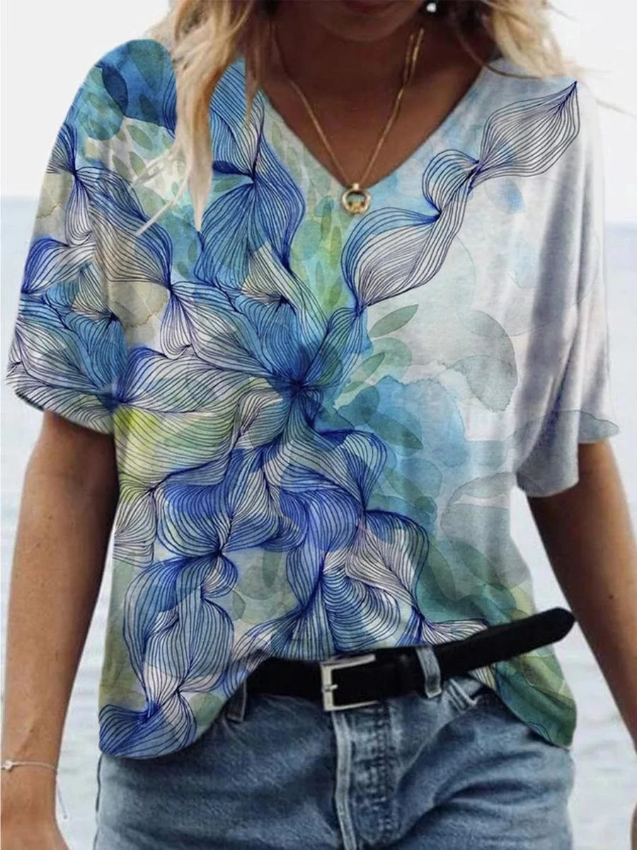 

New summer 3D abstract print T-shirt for women, comfortable V-neck fashion T-shirt, oversized leisure blouse for women, street wear for women 2022