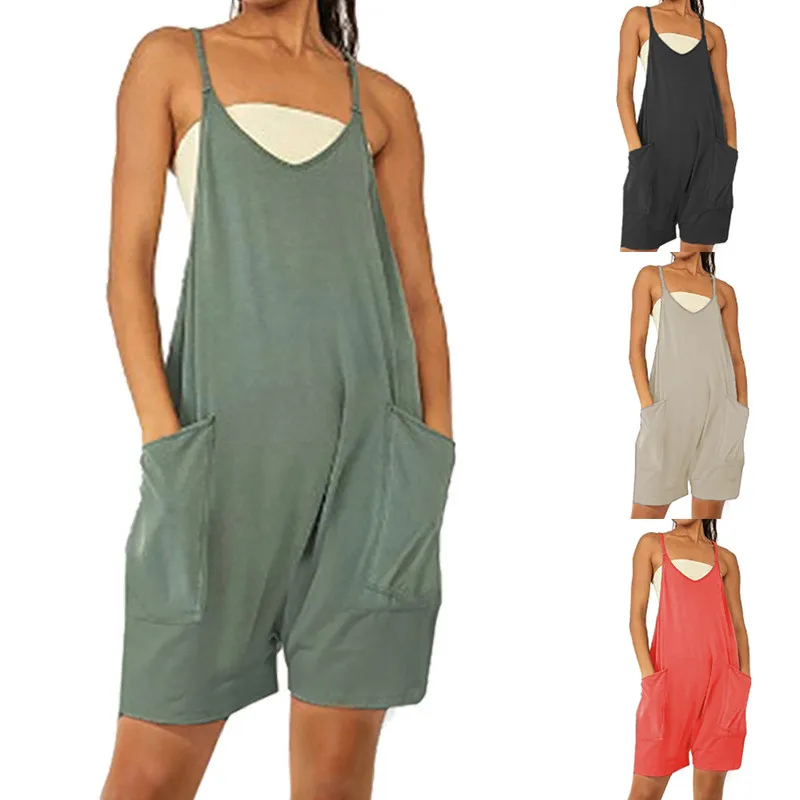 Женский свободный комбинезон с двумя карманами, летний женский комбинезон без рукавов, с широкими штанинами, повседневный однотонный короткий комбинезон с V-образным вырезом, уличная одежда