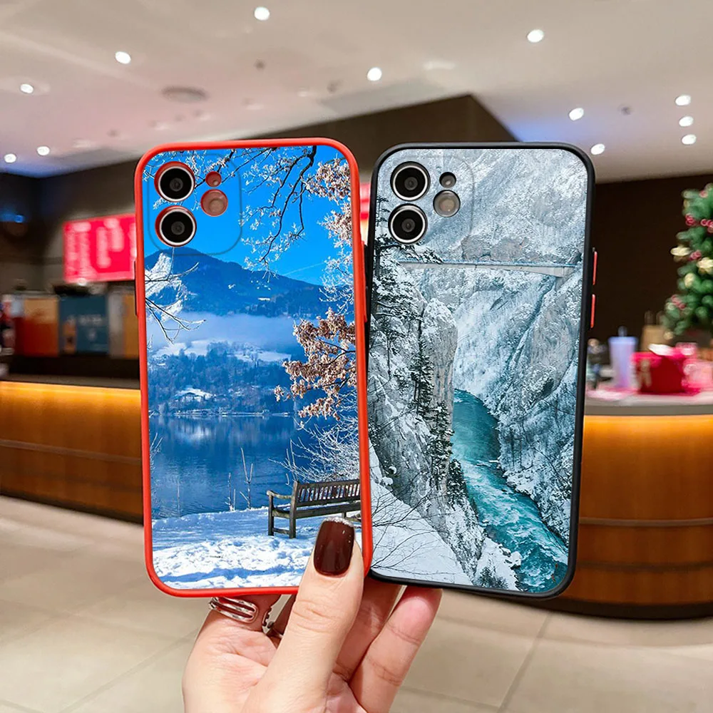 Skin Feel Translucent Phone Case For iPhone 16 Pro Max 15 14 13 12 11 7 8Plus SE Mini XR Ice Mountains Snow Frosted Black Cover