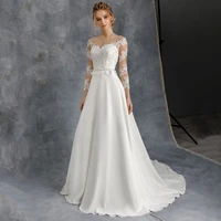 boho a line wedding dresses 34 sleeve 2022 lace appliques sweep train chiffon long civil bridal gown with button