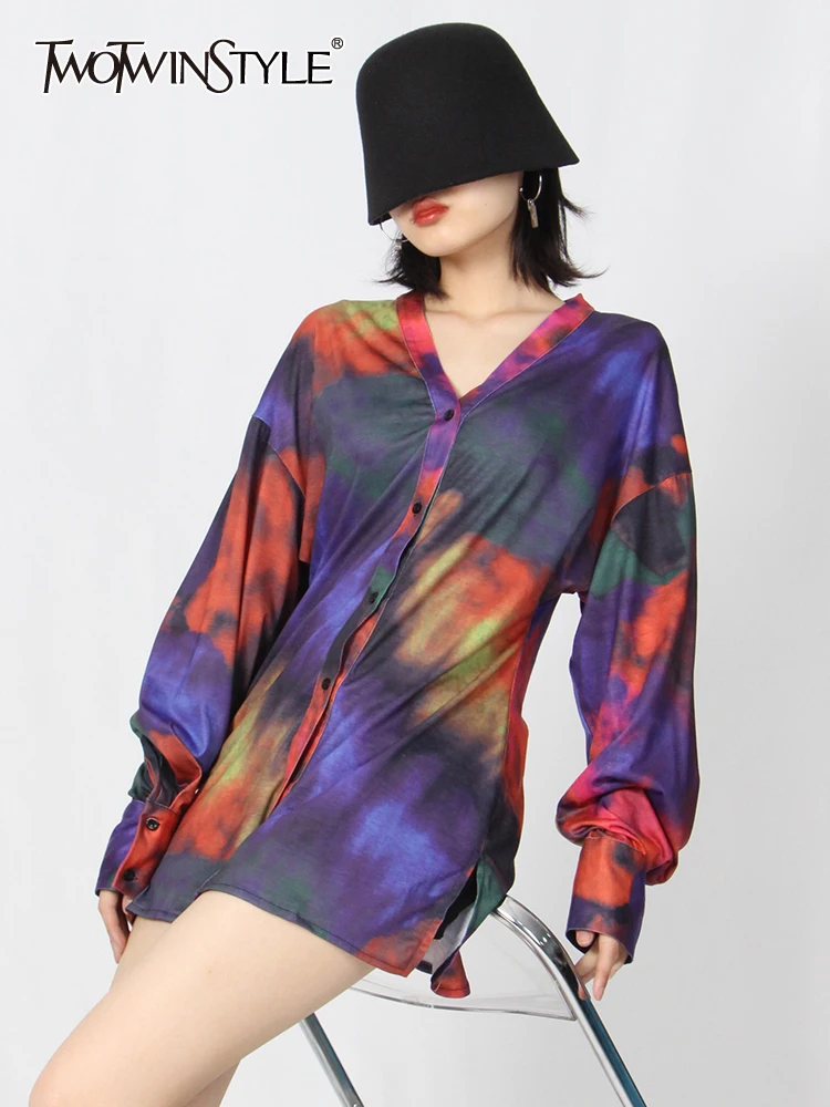 

Женское мини-платье twotwin2, свободное платье с v-образным вырезом и длинным рукавом, с высокой талией и принтом, разноцветное платье, женская л...