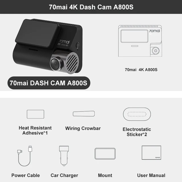  OWHP1200 Видеорегистратор 70mai Dash Cam 4K A800S, камера для приборной панели, с GPS, ADAS, камерой 70mai A800, 24 часовым мониторингом парковки, 140FOV 