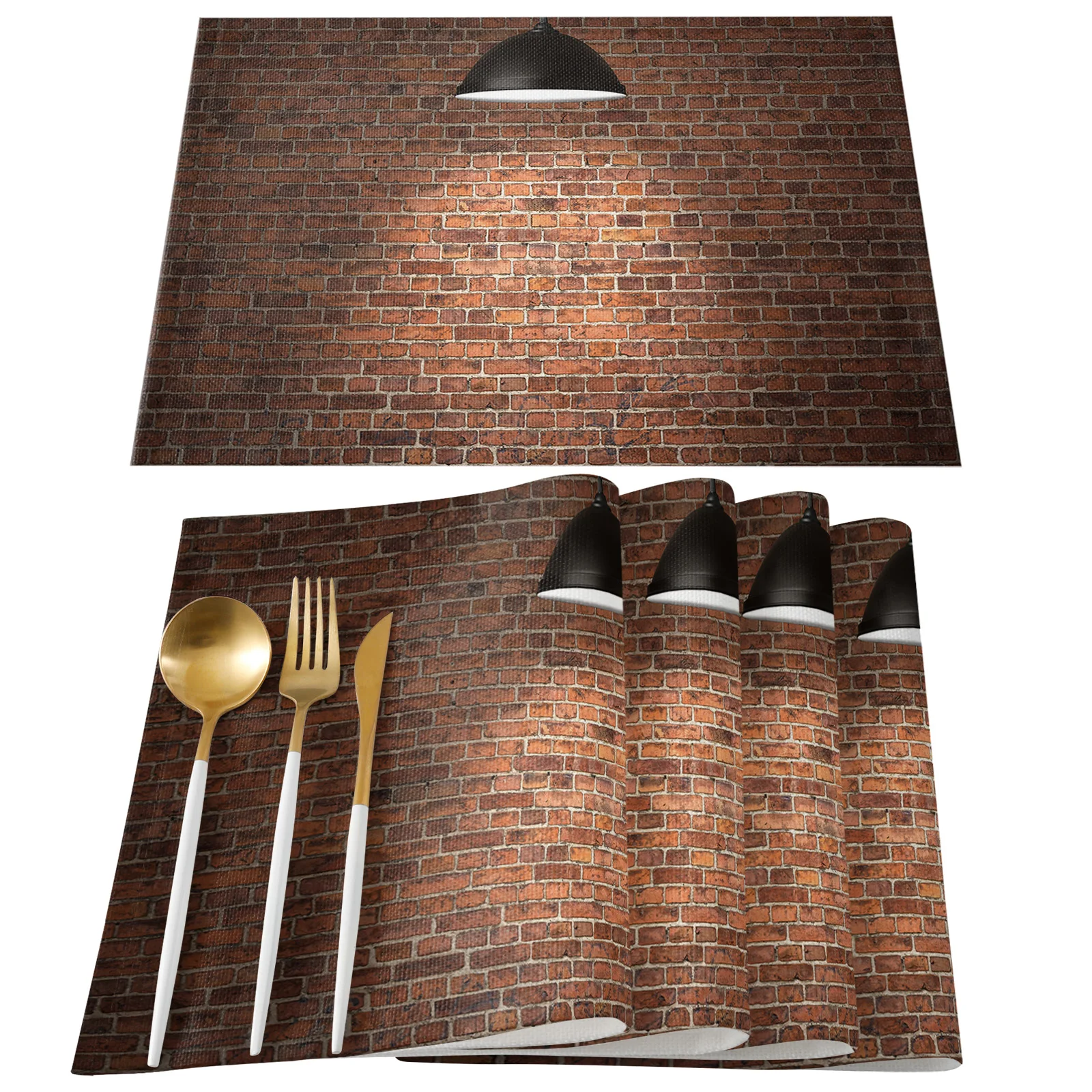 Ковер для стола с красной кирпичной стеной на заднем плане для декорирования кухонного стола на свадьбах и дома с эластичными стульями.