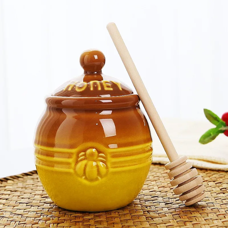 

Creative Cartoon Pattern Vintage Ceramic Honey Jars with Wooden Stirring Stick Kitchen Organizer and Food Storage Container