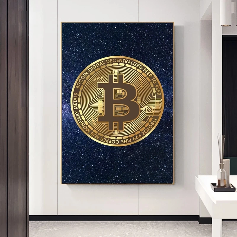 

Abstract Golden Bitcoin Virtual Currency Canvas Painting Modern Wall Art Poster Print for Living Room Home Cuadros Decor Picture