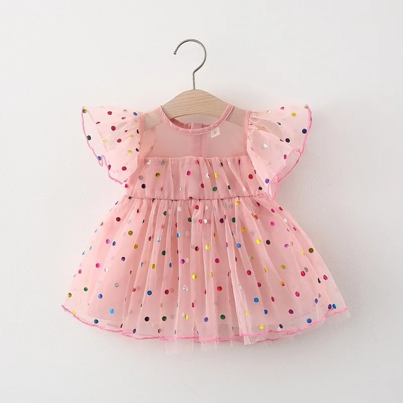 

Baby Girls Mesh Dress Princess Performance Dress Short Sleeved Girl Clothes Sequins Dot Clothes for Newborns Birthday Costume