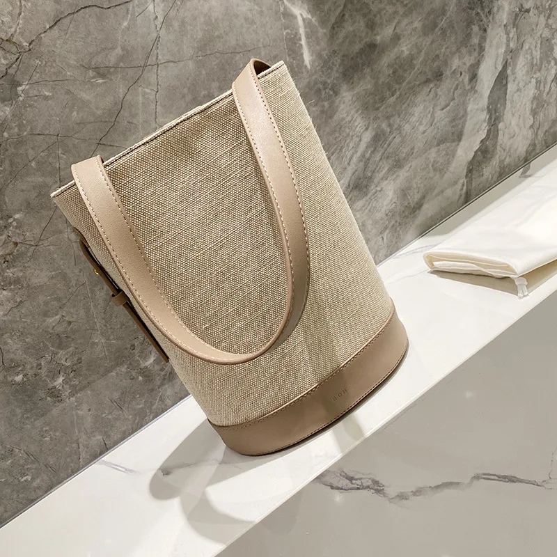 

FIRMRANCH Niche Brand High-Grade Cotton Linen Canvas PU Leather Half Moon Shoulder Bag Fashion Portable Woman Tote Purse Bucket
