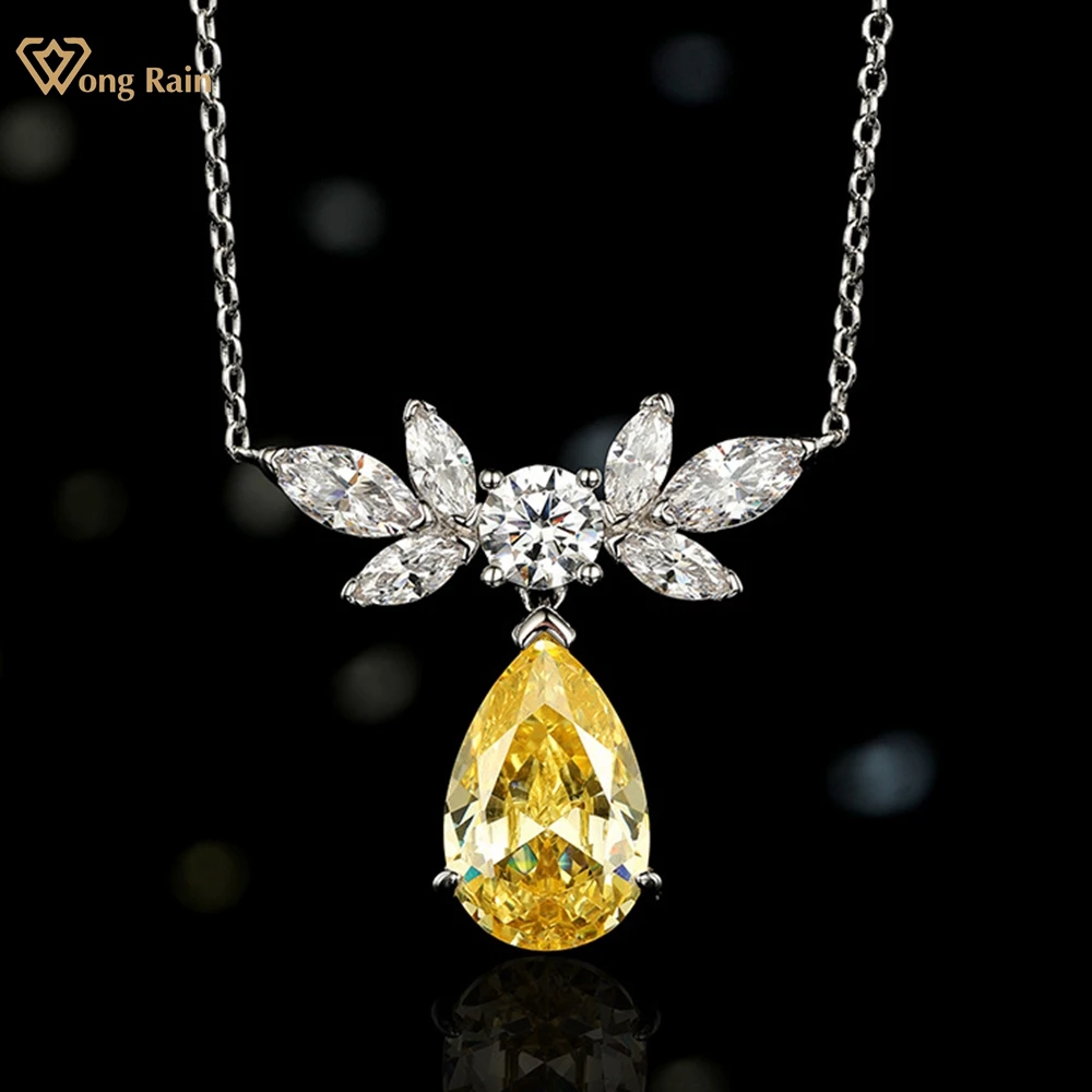 

Wong Rain Luxury 925 Sterling Silver Pear Citrine Lab Sapphire Gemstone Women Necklace Pendant Fine Jewelry Anniversary Gift