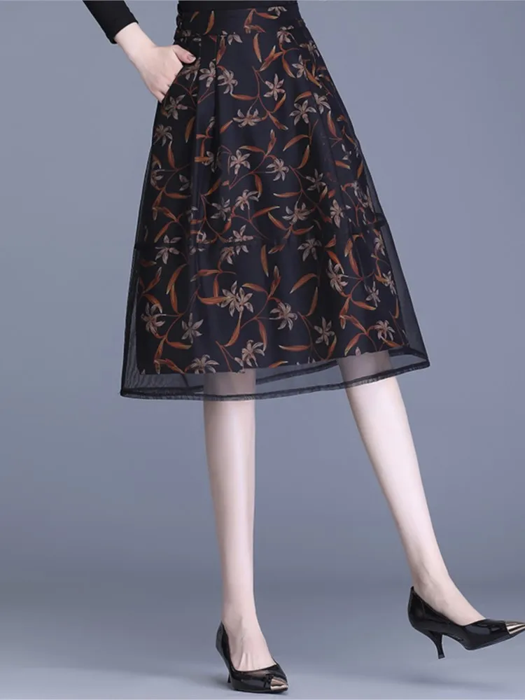 

Женская сетчатая юбка с принтом, облегающая трапециевидная юбка до колен с эластичным поясом, весна-лето 2023