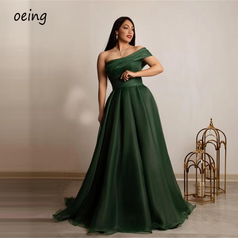 OEING Emerald Green Silk Organza Evening Dresses One Shoulder Bow Back Arabic Women Long Formal Prom Gowns Bride Party Dress