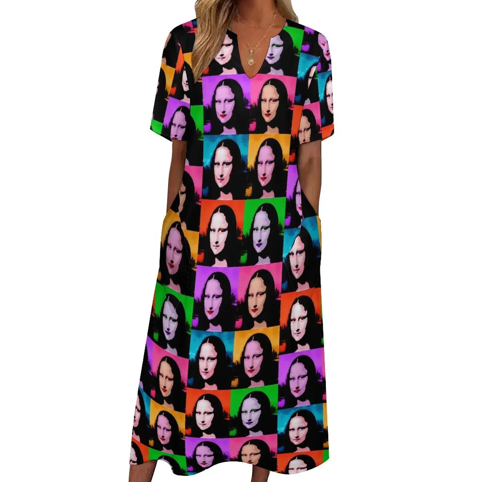 

Платье макси с принтом Моны Лизы, милое повседневное длинное платье в стиле поп-арт, летнее индивидуальное платье с коротким рукавом, большие размеры